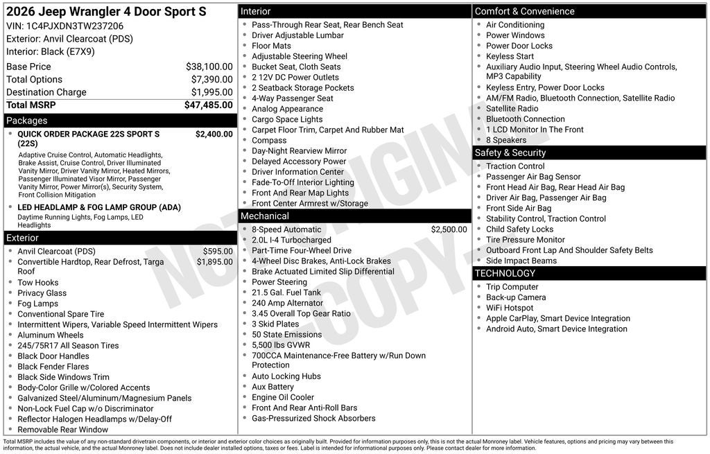 2026 Jeep Wrangler WRANGLER 4-DOOR SPORT S