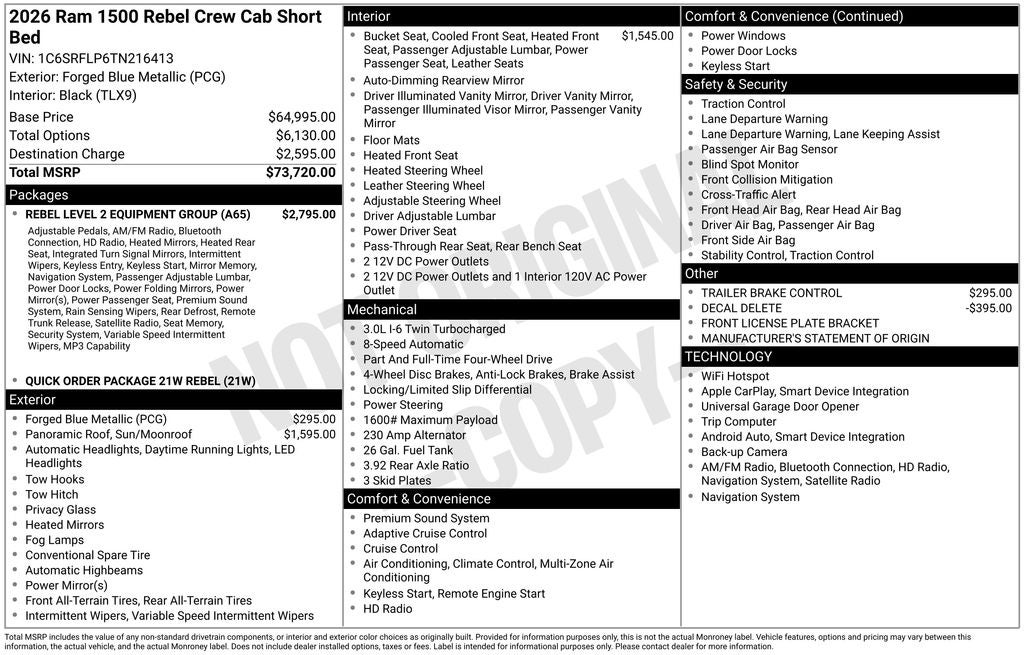 2026 RAM Ram 1500 RAM 1500 REBEL CREW CAB 4X4 5'7' BOX